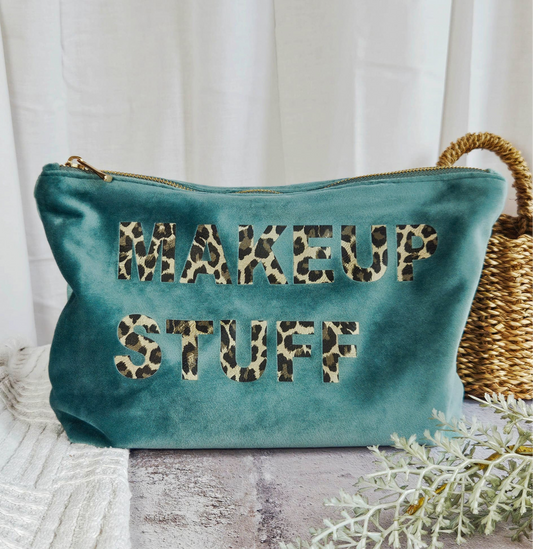 PERSONALISED JADE VELVET POUCH WITH LEOPARD PRINT