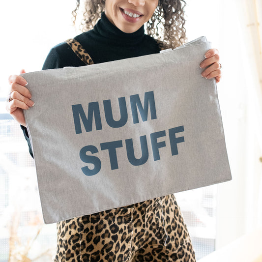 MUM STUFF GREY TOTE WITH NAVY GREY PRINT