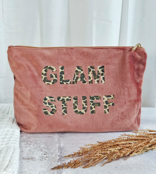 PERSONALISED ROSE PINK VELVET POUCH WITH LEOPARD PRINT