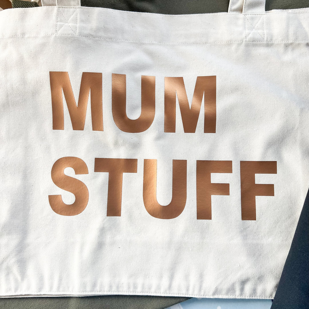 MUM STUFF NATURAL TOTE WITH BRONZE PRINT