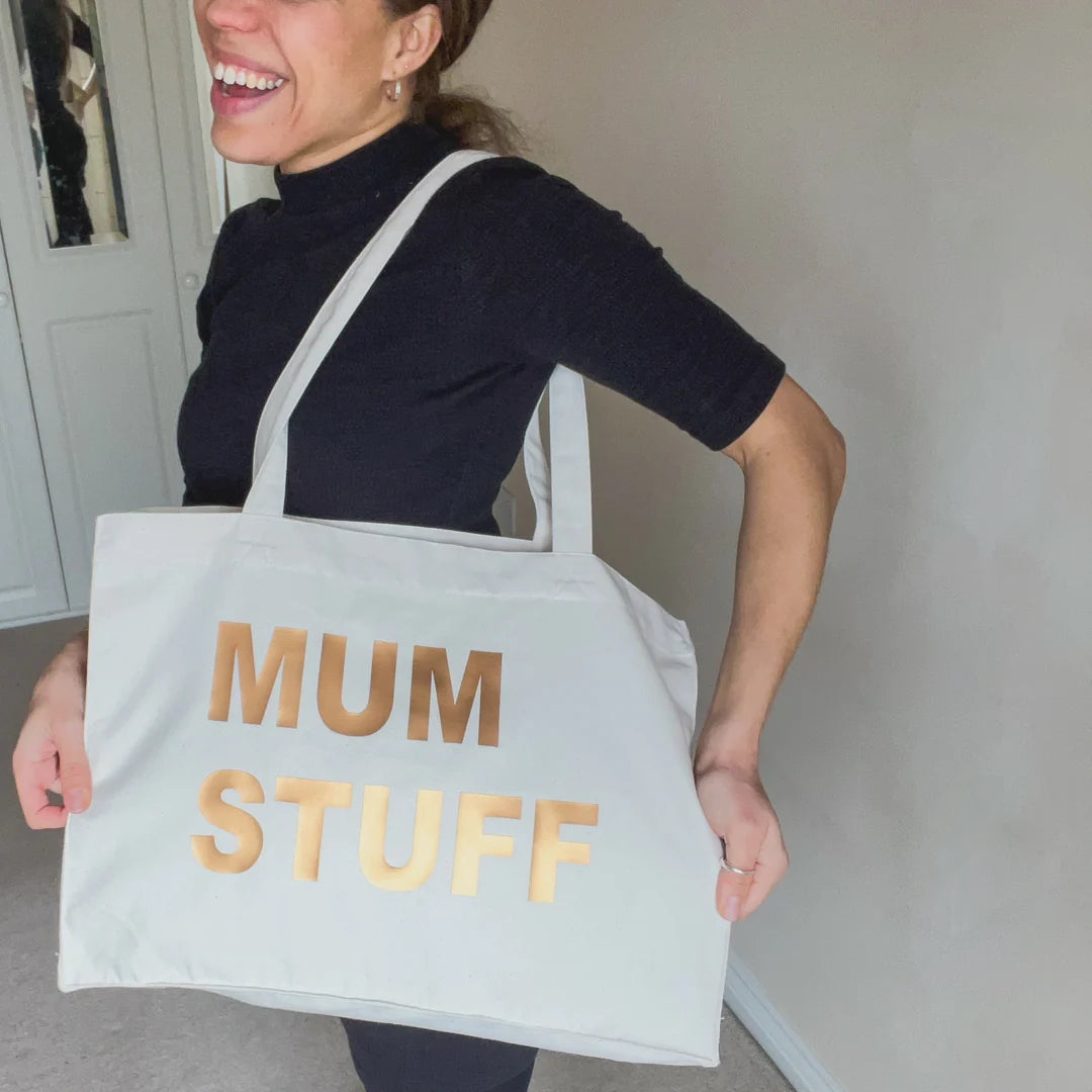 MUM STUFF NATURAL TOTE WITH BRONZE PRINT