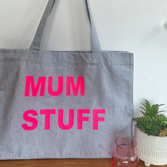 MUM STUFF GREY TOTE WITH NEOP PINK PRINT