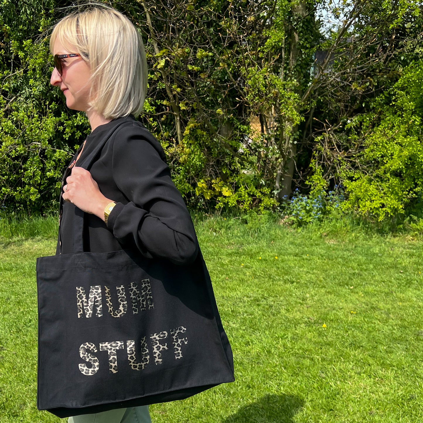 PERSONALISED BLACK TOTE WITH LEOPARD PRINT