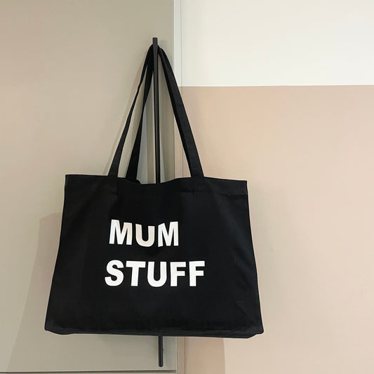 MUM STUFF BLACK TOTE WITH WHITE PRINT