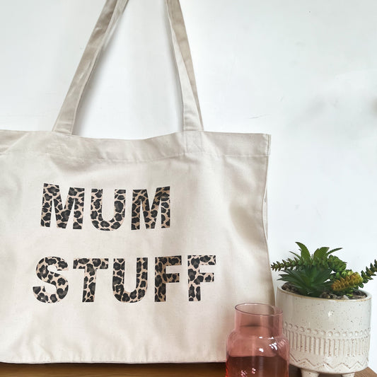 MUM STUFF NATURAL TOTE WITH LEOPARD PRINT